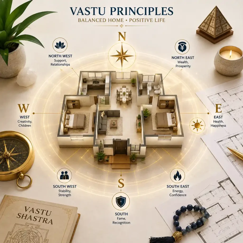 ASTRO VASTU CONSULTANCY 3D home layout with vastu compass directions, room zoning, floor plans, and energy alignment concept for residential property planning.