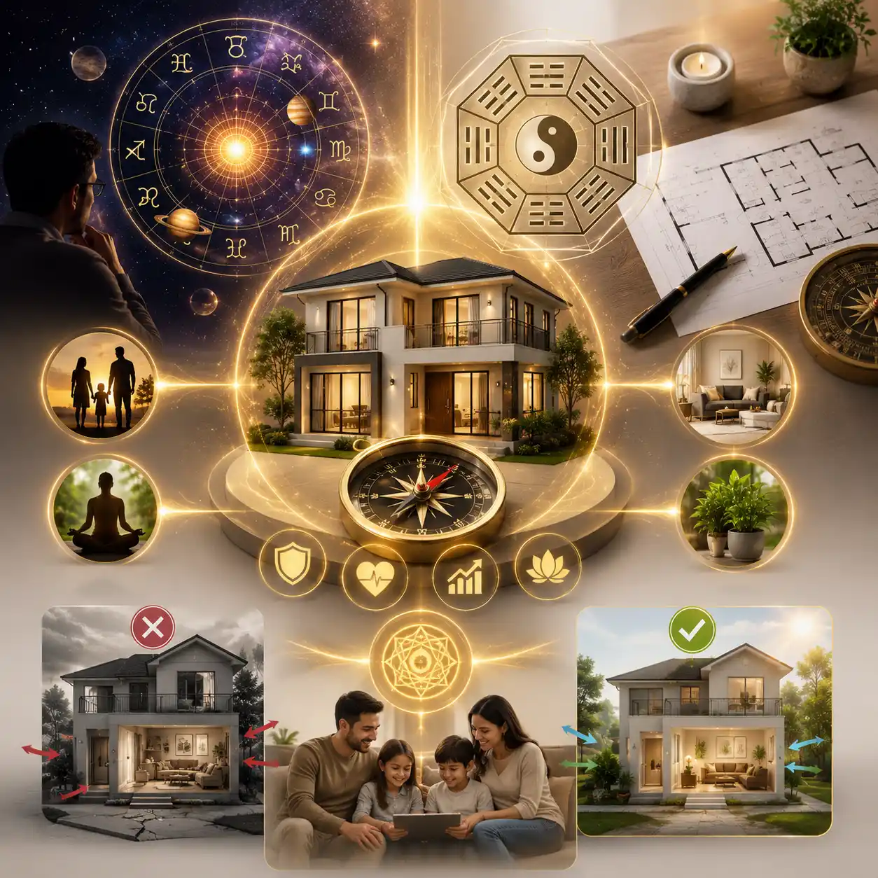 ASTRO VASTU CONSULTANCY showing the connection between a family, home layout, vastu directions and astrology for personalized property guidance.
